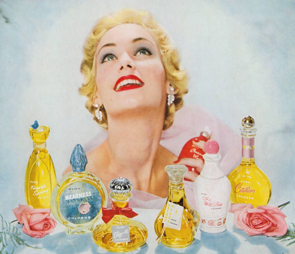 a blonde woman spraying perfume in an avon advertisement from the 1950s